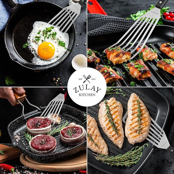 Zulay Kitchen Fish Spatula Stainless Steel - Spatulas for Non-Stick Cookware - Slotted Stainless Spatula - Easy to Clean Turner 12.4