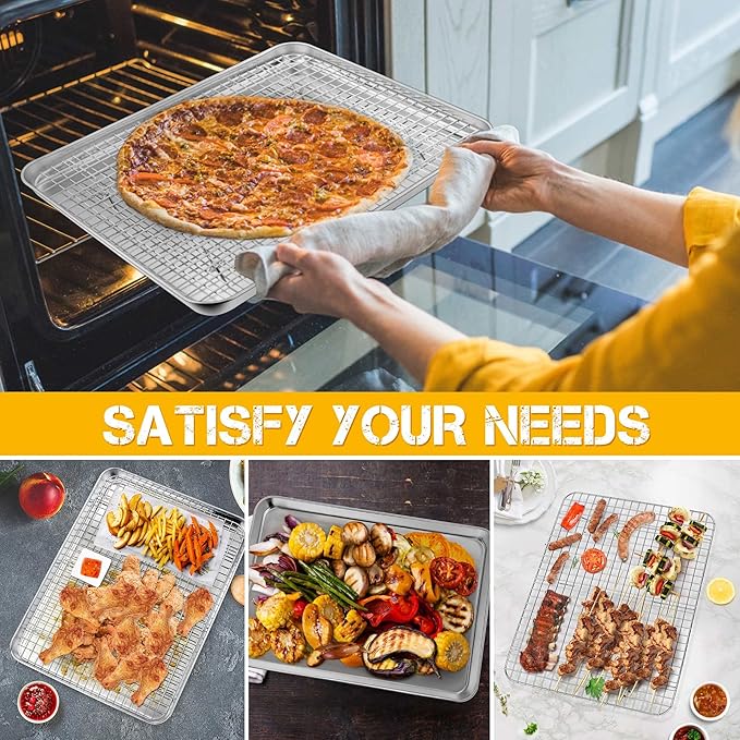 P&P CHEF 17.5 Inch Baking Sheet and Rack Set, Stainless Steel Cookie Sheets Oven Baking Pans Trays with Cooling Racks for Cooking & Roasting, Oven & Dishwasher Safe, (2Pcs)