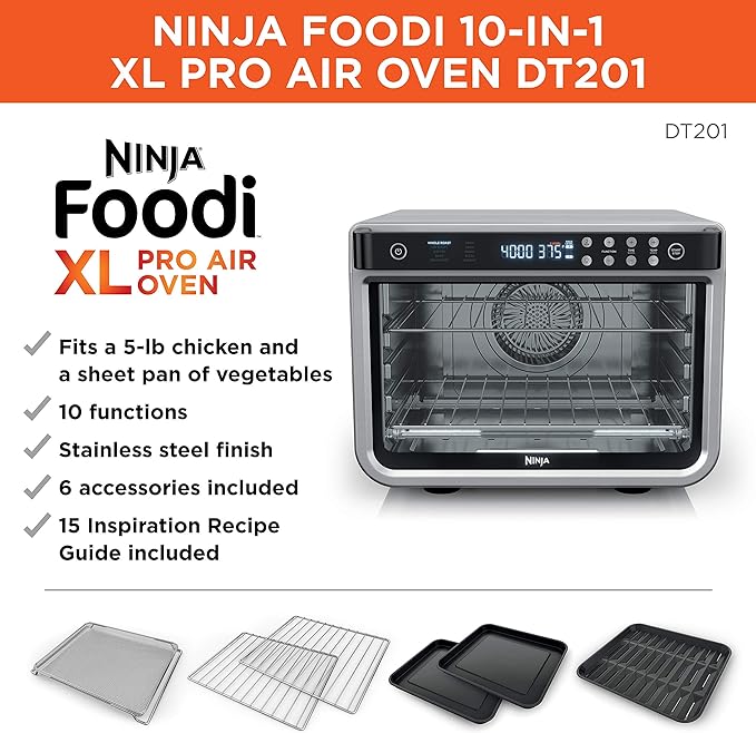NINJA DT201 Foodi 10-in-1 XL Pro Air Fry Digital Countertop Convection Toaster Oven with Dehydrate and Reheat, 1800 Watts, Stainless Steel Finish (Renewed)