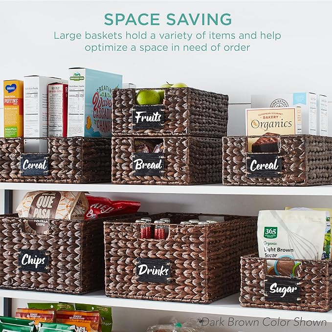 Best Choice Products Set of 4 13x12in Water Hyacinth Pantry Baskets, Woven Organizers w/Chalkboard Label, Chalk Marker - Gray