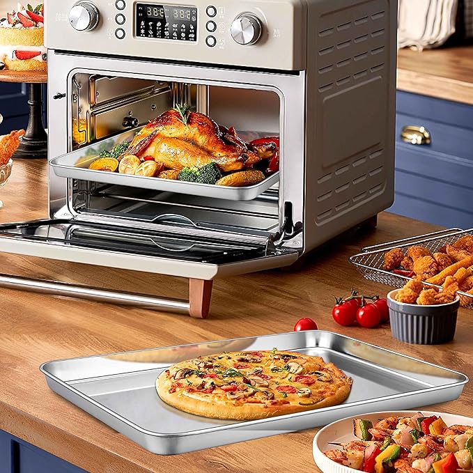 Homikit 2 Pack Baking Sheet, 10 x 8 Inch Stainless Steel Cookie Tray Set for Cooking Toasting, Small Metal Toaster Oven Baking Pan Non Stick, Rustproof & Mirror Finish, Dishwasher Safe