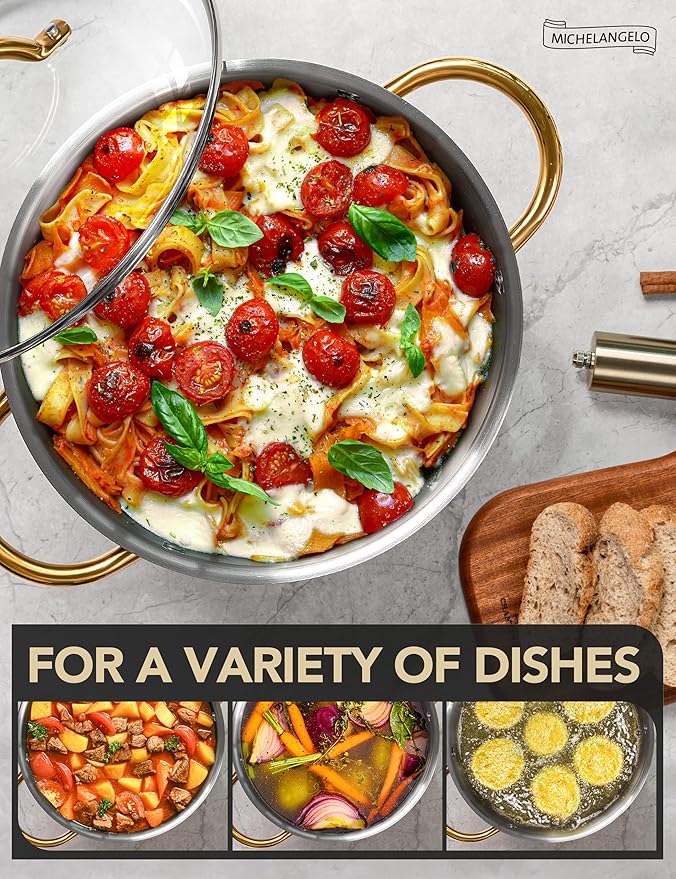 MICHELANGELO Stainless Steel Pots - 6 Qt Induction Pot with Lid, 18/10 Stainless Steel Stock Pot, Non Toxic Cooking Pot, Oven & Dishwasher Safe