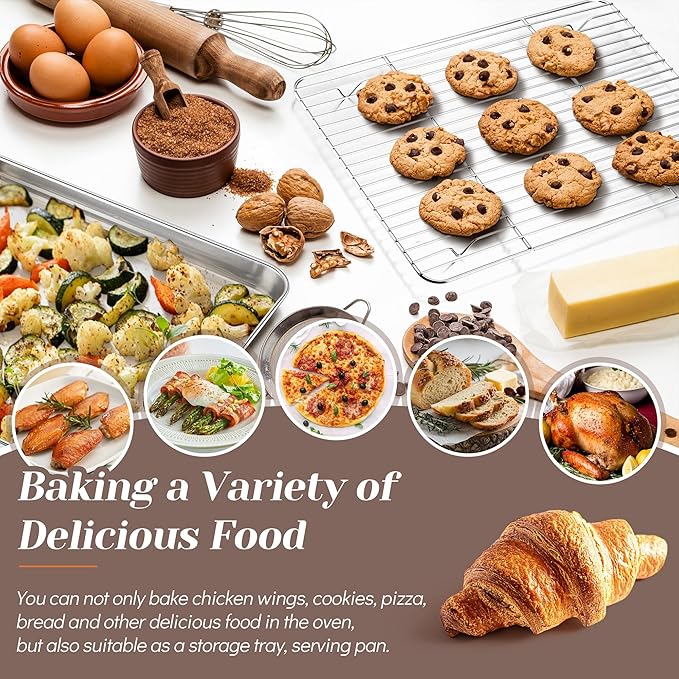 TeamFar Baking Sheet with Rack Set (2 Pans + 2 Racks), Stainless Steel Baking Pan Cookie Sheet for baking, Non Toxic & Healthy, Easy Clean & Dishwasher Safe - 4 Pack