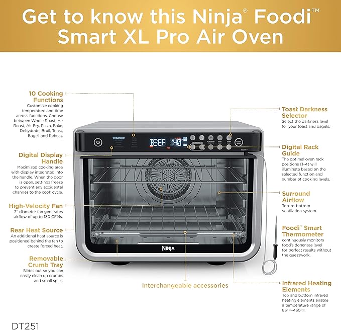 NINJA DT251 Foodi 10-in-1 Smart Air Fry Digital Countertop Convection Toaster Oven with Thermometer XL Capacity and a Stainless Steel Finish (Renewed)