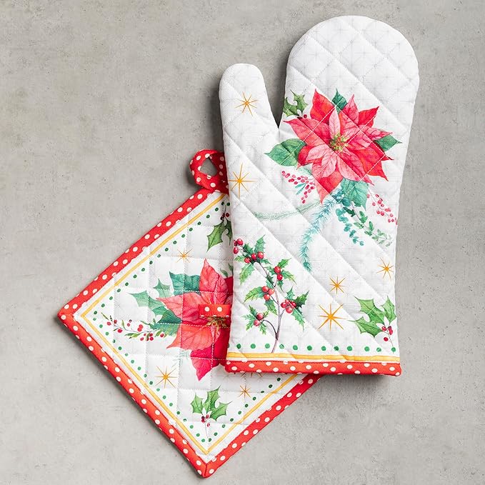 Maison d' Hermine 100% Cotton Oven Mitt & Pot Holder Set (7.5"x13" & 8"x8") Heat Resistant BBQ Cooking Gloves with Loop, Baking, Grilling, Kitchen, Handling Hot Pans (Poinsettia Christmas)