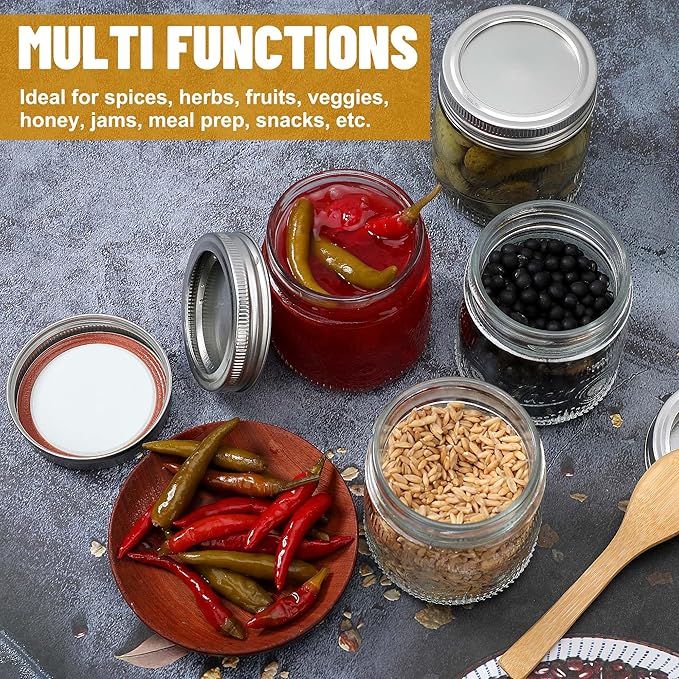 8 oz Small Mason Jars with Regular Airtight Lids - 16 Pack Glass Canning Jars 8 oz, Mini Half Pint Mason Jar for Jam, Jelly, Honey, Overnight Oats, Spices, Candles, Party Favors, Separable Lids