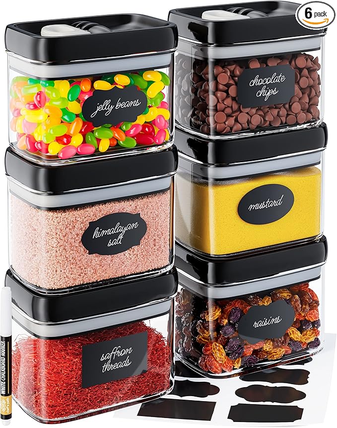 Chef's Path Airtight Food Storage Containers with Improved Lids, Set of 6, 1L Kitchen and Pantry Canisters for Coffee, Spices, and Dry Food, Includes Labels and Marker - Transparent, All Same Size