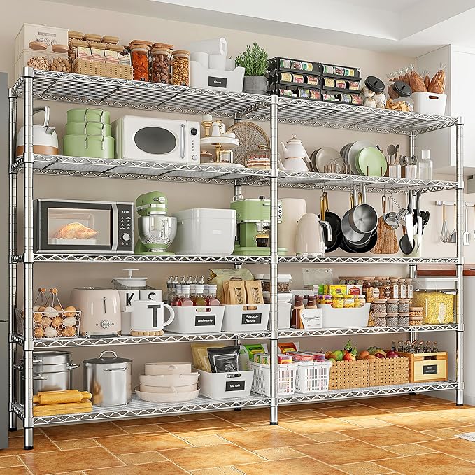 REIBII 70" W Wire Shelving Load 1500LBS, Metal Shelving 5-Tier Storage Shelves Metal Shelves for Storage Adjustable Shelving Rack for Pantry Kitchen Commercial School 70" W*15.8" D*72.4" H,Chrome