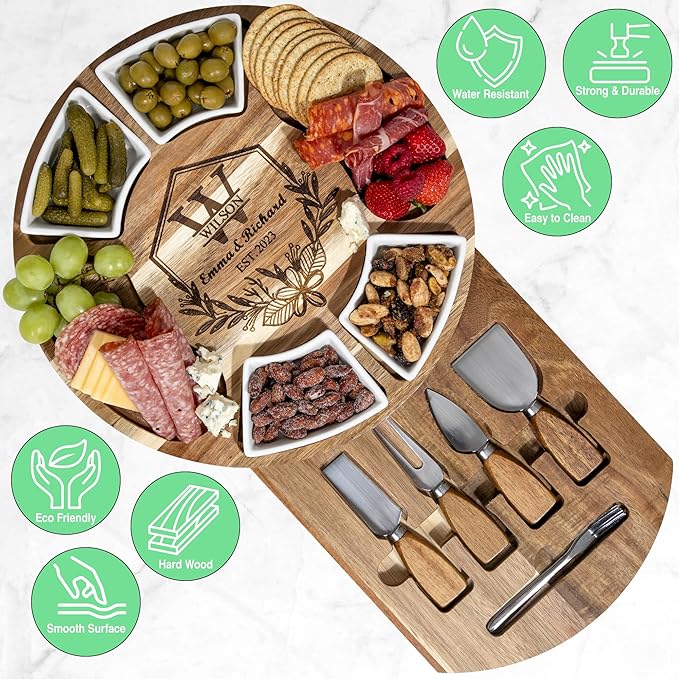 Personalized Charcuterie Board Gift Set, Acacia Cheese Board with Ceramic Bowls, Wedding Gifts for Couples, Housewarming Gift, Birthday Gifts for Women and Men, Custom Engraved Gift