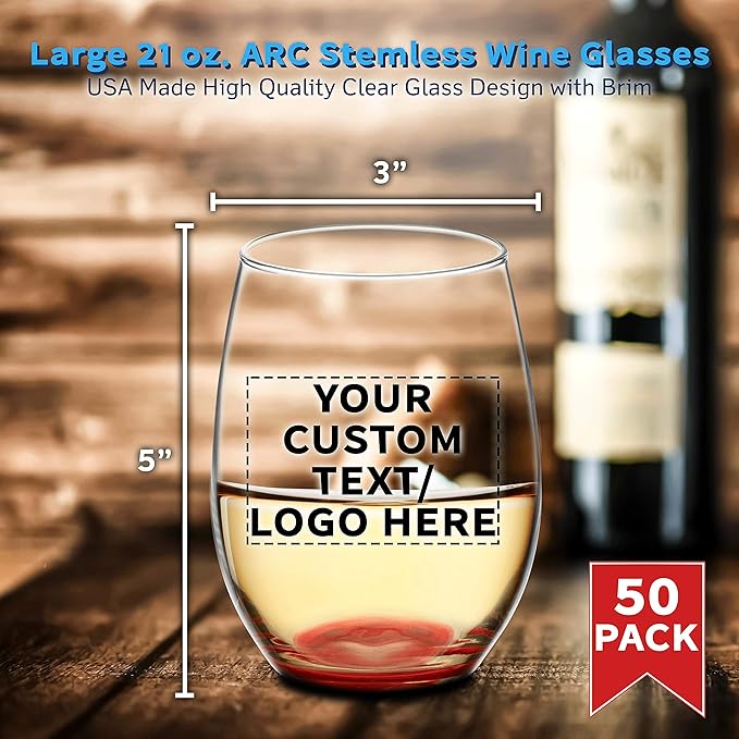 DISCOUNT PROMOS 50 ARC Stemless Wine Glasses Set, 21 oz. - Customizable Text, Logo - Chardonnay, Cabernet, Merlot, Sauvignon - Red