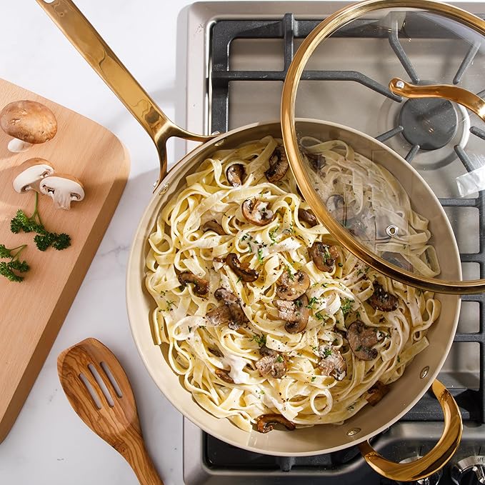 bloomhouse - Oprah's Favorite Things - 6 QT Heavy Duty Aluminum Premium PFA Free Ceramic Nonstick Saute/Deep Frying Pan Skillet with Lid - Almond Cream w/Gold Handle