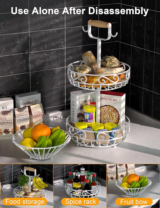 2-Tier 𝐅𝐫𝐮𝐢𝐭 𝐁𝐚𝐬𝐤𝐞𝐭 and Fruit Bowl - Fruit and Vegetable Storage with Banana Tree Hanger and Wood Handle, Fruit Basket for Kitchen Counter, for Bread Onions Potatoes Veggies Produce