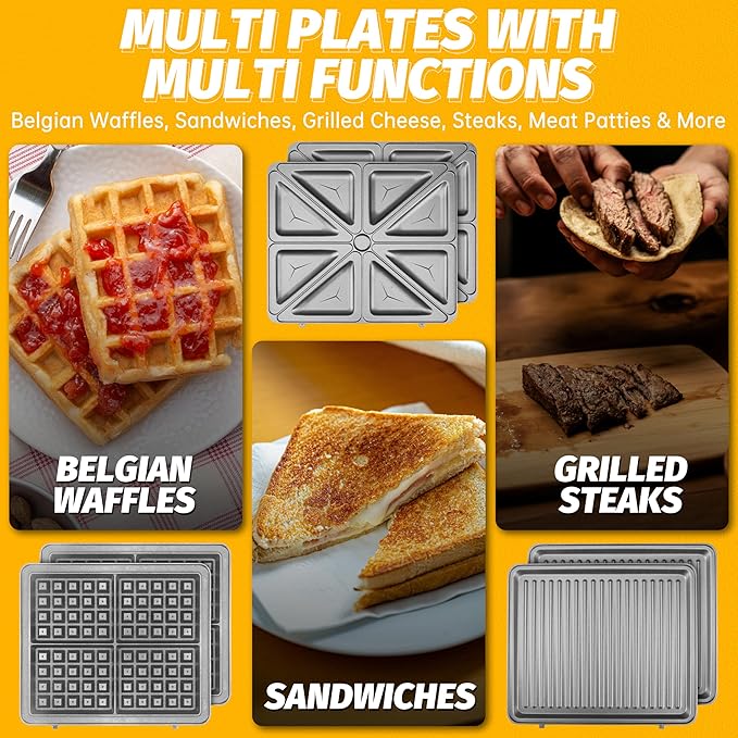 Belgian Waffle Maker with Removable Plates, Waflera Electrica, Large Waffle Iron, 3 in 1 Panini Grill Press Breakfast Sandwich Maker, Electric Griddle, Grilled Cheese Maker, Breakfast Station