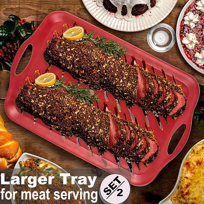 Extra Large Serving Tray with Handles, 20x13 inch, Set of 2 Melamine Platters for Serving Food, Turkey, Cookie, Rectangular Trays for Eating, Raised Dots Matt Finished, Dishwasher Safe, Red