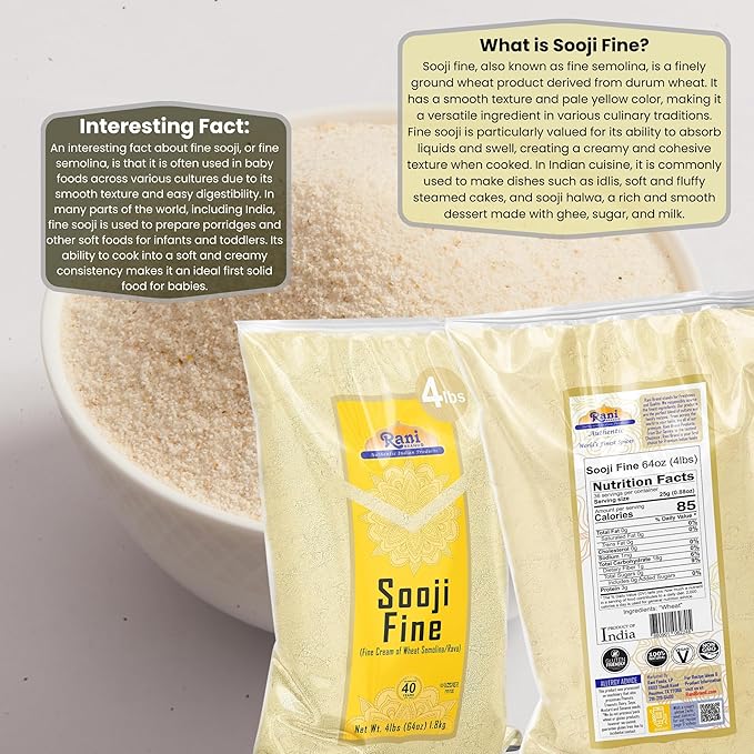 Rani Sooji Fine (Farina, Suji, Rava, Wheat) Flour 64oz (4lbs) 1.81kg Bulk ~ All Natural | Vegan | NON-GMO | Kosher | Indian Origin