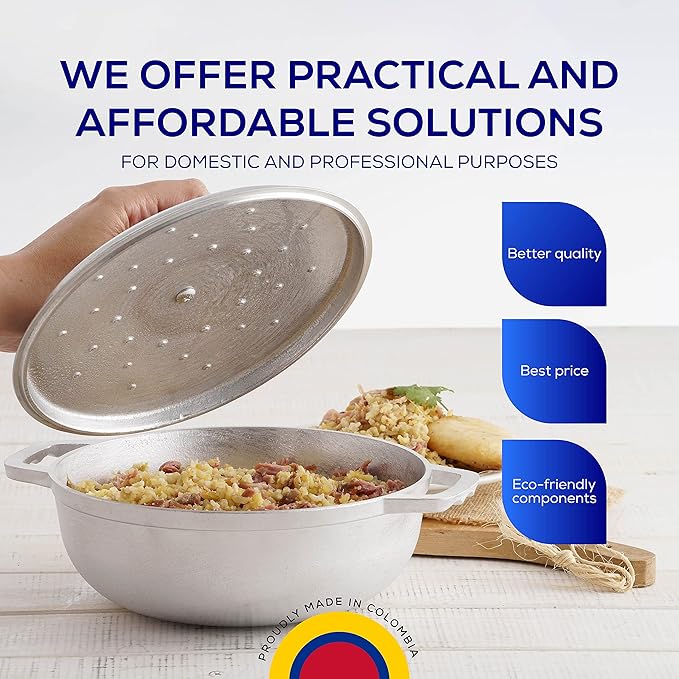 Universal (Professional Large) Caldero 32 Cups - 11.6 QT / 11 L, Stainless Aluminum Pot, Even Heat Distribution and Fast Cooking Dutch Oven Pot, Ergonomic Handles, Ideal for Rice, and French Fries