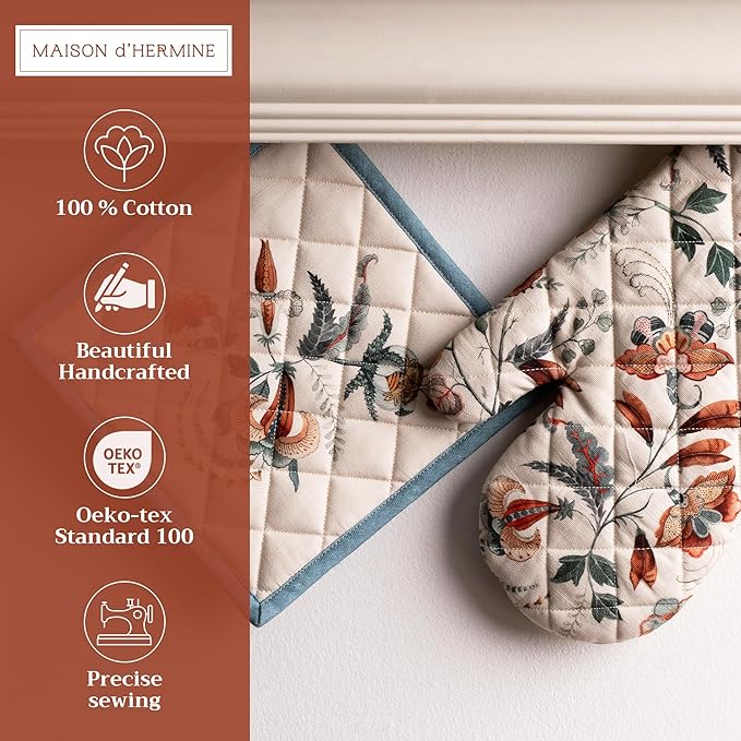 Maison d' Hermine 100% Cotton Oven Mitt & Pot Holder Set (7.5"x13" & 8"x8") Heat Resistant BBQ Cooking Gloves with Loop, Baking, Grilling, Kitchen, Handling Hot Pans (Dalida)