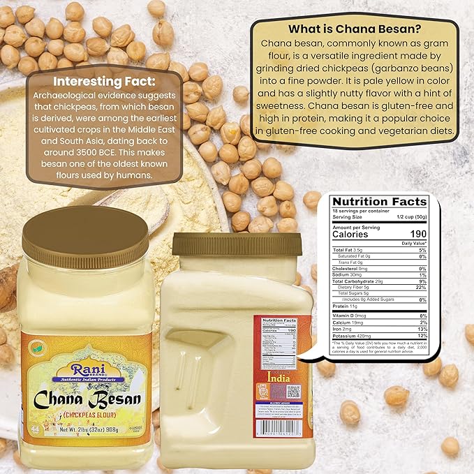 Rani Chana Besan (Chickpeas Flour, Gram) 32oz (2lbs) 908g PET Jar ~ All Natural | Vegan | Gluten Friendly | NON-GMO | Kosher | Indian Origin