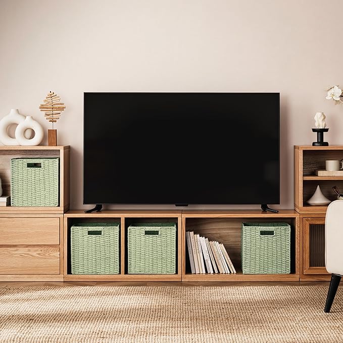 UBBCARE 3 Pack Wicker Basket, 11L×11H×10.5W inch Woven Paper Rope Storage Baskets for shelves, Foldable Cube Storage bin with Handle, Storage Basket for Organizing & Decor, Green