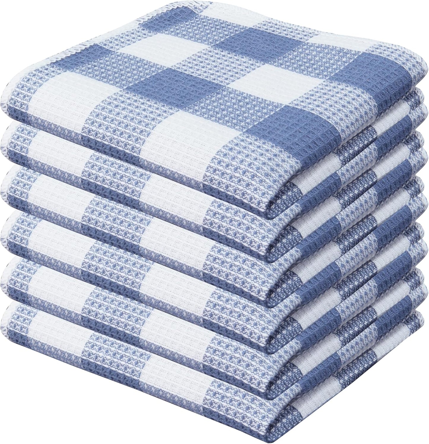 Waffle Weave Plaid Dish Cloths, 100% Cotton - 12 x 12 Inches, Ultra Soft Absorbent Quick Drying Dish Towels Buffalo Check Dish Rags for Kitchen, 6 Pack - Spring Summer - Smoky Grey and White