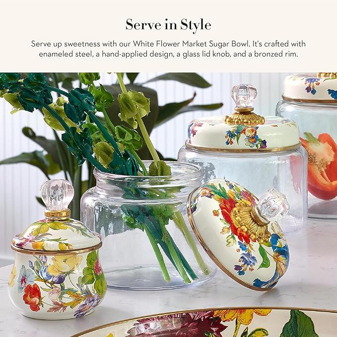 MACKENZIE-CHILDS Enamel Lidded Sugar Bowl, Small Serving Bowl with Lid, 10-Ounce Capacity, White Flower Market