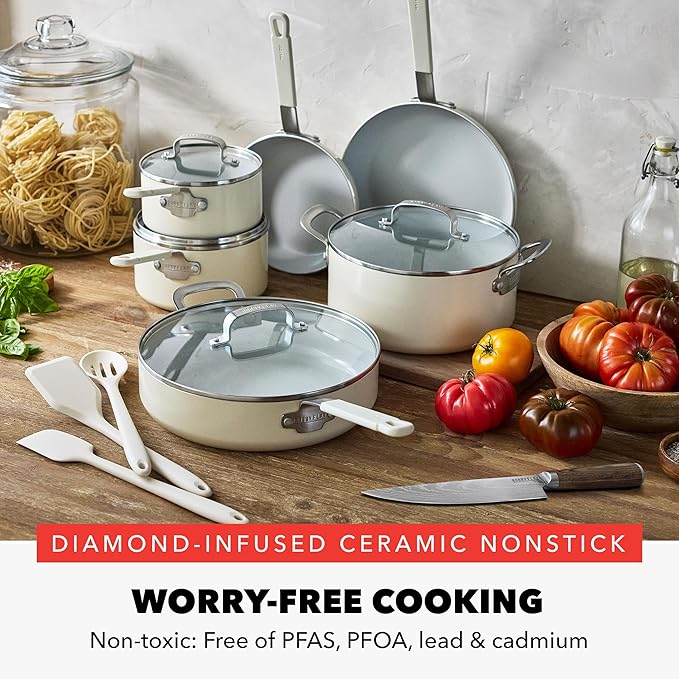 GreenPan x Bobby Flay 13 Piece Cookware Pots and Pans Set and 8" Chef's Knife. PFAS & PFOA-Free Ceramic Nonstick, Induction Suitable, Stay-Cool Silicone Handle, Dishwasher & Oven Safe, Cream