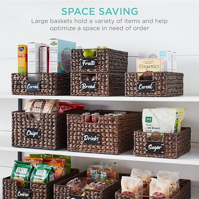 Best Choice Products Pantry Baskets Set of 2 16x12in Water Hyacinth Storage Baskets, Woven Wicker Organizers with handles w/Chalkboard Label Chalk Marker - Brown