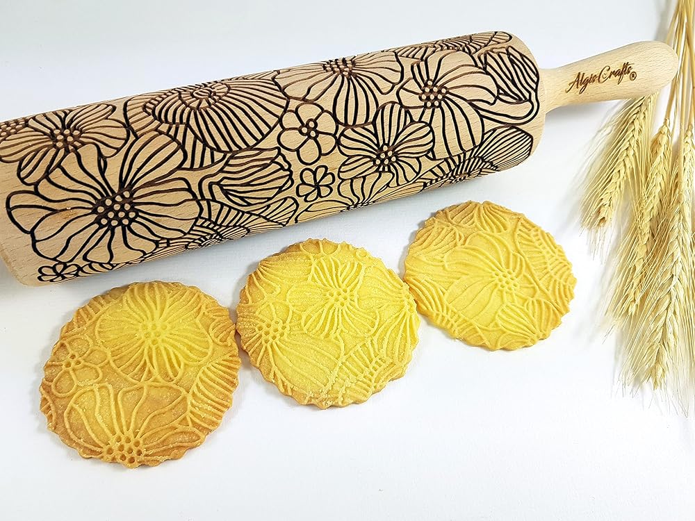 Embossing Rolling Pin POPPY. Dogh Roller with Wildflower Corn Poppies Pattern for Embossed Cookies and Pottery by Algis Crafts