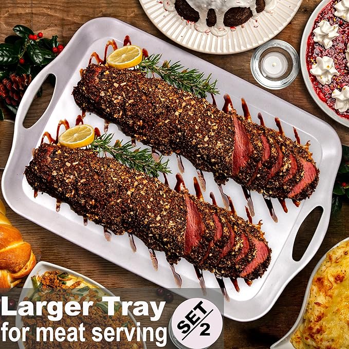 Extra Large Serving Tray with Handles, 20x13 inch, Set of 2 Melamine Platters for Serving Food, Turkey, Cookie, Rectangular Trays for Eating, Raised Dots Matt Finished, Dishwasher Safe, White