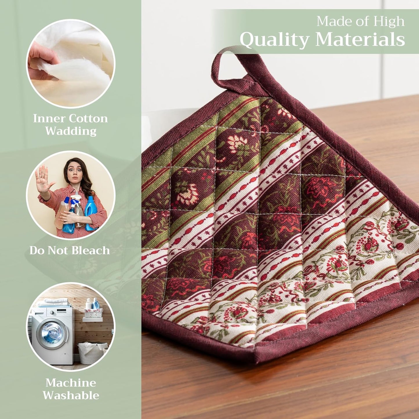 Maison d' Hermine Pot Holders Set 100% Cotton Heat Resistant Potholders 8" x 8" Hot Pads with Loop BBQ, Cooking, Baking, Grilling, Kitchen, Handling Hot Pans (Pack of 2, Reveillon Au Jardin)