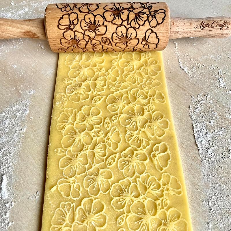 GARDEN BLOSSOMS 3 Small Size Embossed Rolling Pin Set. Wooden Laser Engraved Embossing Dough Roller for Embossed Cookies Gift for Birthday, Easter by Algis Crafts
