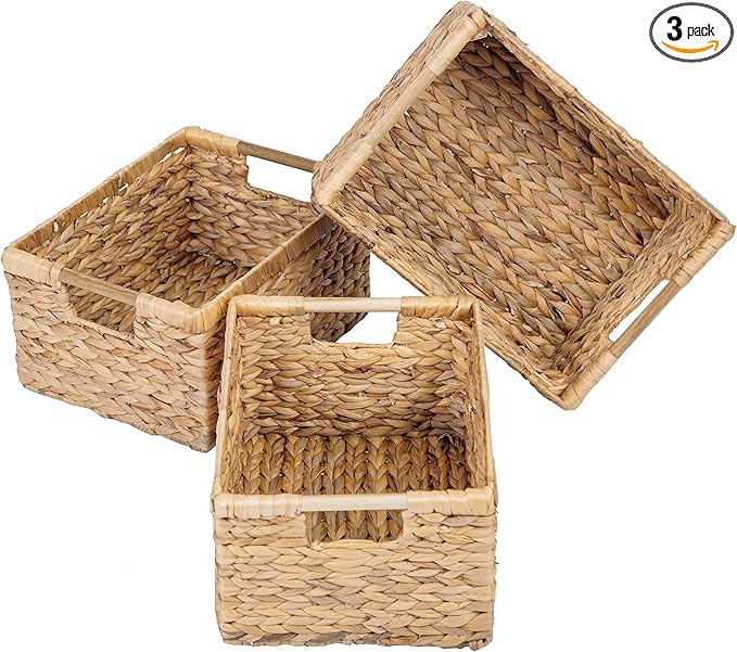 Large Wicker Basket Rectangular with Wooden Handles for Shelves, Water Hyacinth Basket Storage, Natural Baskets for Organizing, Wicker Baskets for Storage 14.5 x 10.3 x 7.5 inches - 3 Pack