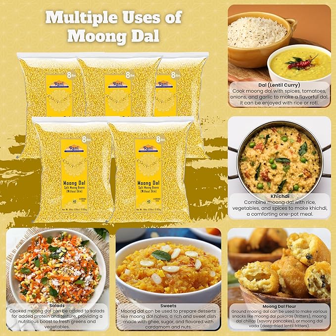 Rani Moong Dal (Split Mung Beans Without Skin) Lentils Indian 128oz (8lbs) 3.63kg x Pack of 5 (Total 40lbs) Bulk ~ All Natural | Gluten Friendly | Non-GMO | Kosher | Vegan | Indian Origin