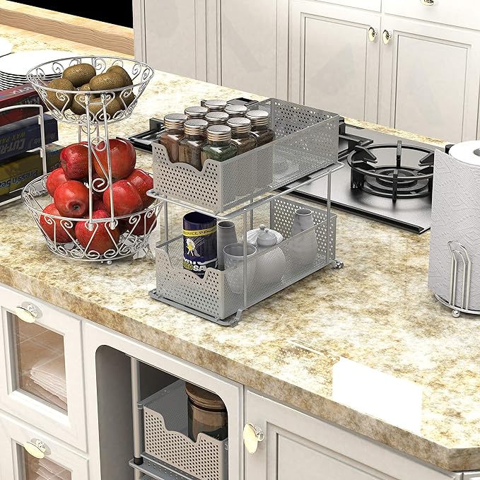 Simple Houseware 2 Tier Sliding Cabinet Basket Organizer Drawer, Silver