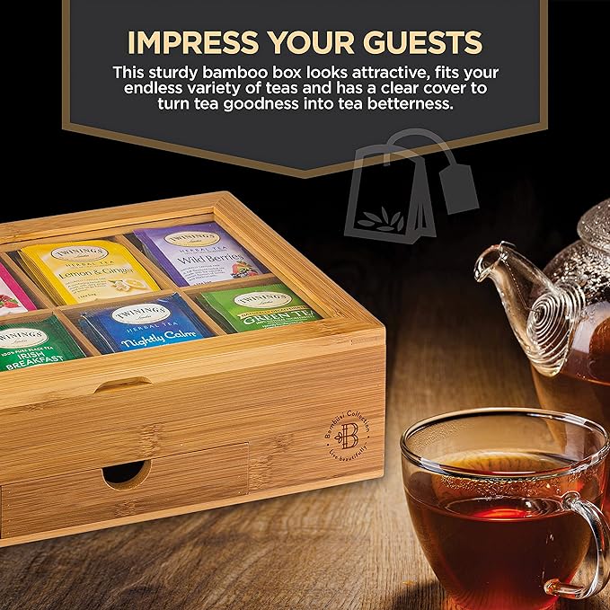 Bambüsi Personalized Tea Organizer - Engraved Bamboo Tea Box, 8 Compartments, Acrylic Window, Magnetic Lid - Unique Gift for Tea Enthusiasts