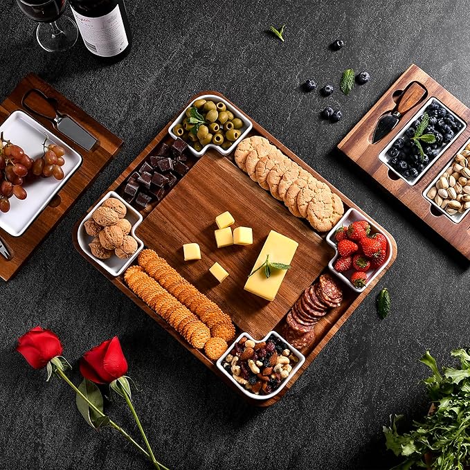 Shanik Upgraded Acacia Cheese Board Set, Square Shaped Charcuterie Set, Cheese Platter, Handcrafted Design and Stainless Steel Cutlery Set - Gift for Any Occasion No Engraving