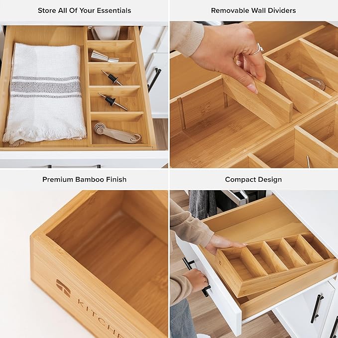 Premium Kitchen Utensils and Junk Drawer Organizer – Small 5-Compartment Design with 4 Removable Dividers, Non-Slip Feet, 100% Sustainable Bamboo