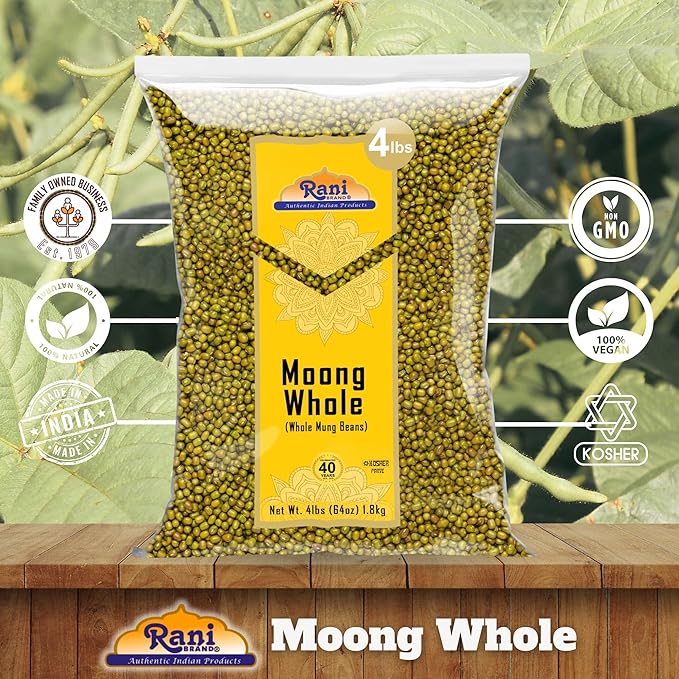 Rani Moong Whole (Ideal for cooking & sprouting, Whole Mung Beans with skin) Lentils Indian 64oz (4lbs) 1.81kg Bulk ~ All Natural | Gluten Friendly | Non-GMO | Kosher | Vegan | Indian Origin