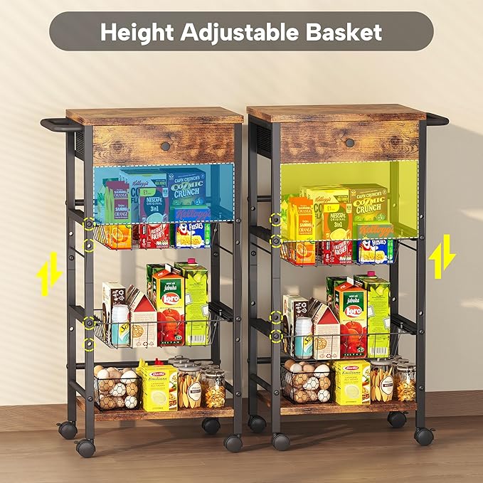 Kitchen Organizer and Storage Cart with Fabric Drawer and Convenient Handle, Snack Organizer Cart with 2 Pull-Out Baskets and 2 Storage Shelves, Rolling Kitchen Cart for Fruit Potato Onion Vegetable