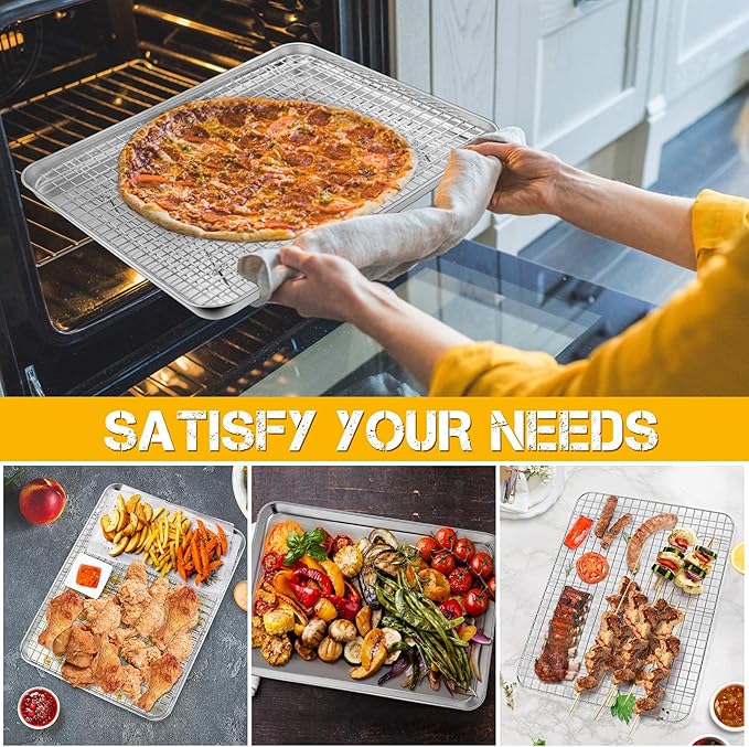 P&P CHEF 16 Inch Baking Sheet and Rack Set, Stainless Steel Cookie Sheets Oven Baking Pans Trays with Cooling Racks for Cooking & Roasting, Oven & Dishwasher Safe, (2Pcs)