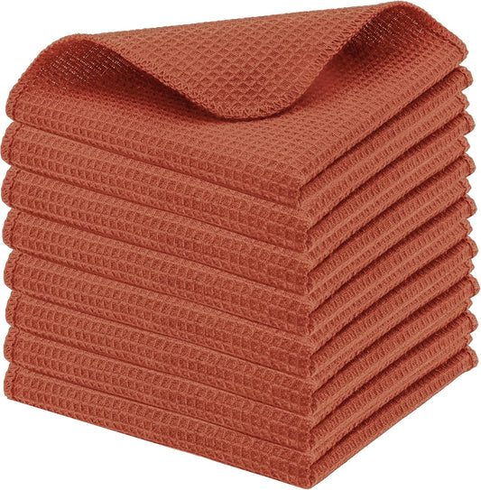 PurpleEssences Rust Dish Cloths and Dish Rags - 8 Pack Waffle Weave Solid Kitchen Dish Wash Cloths, 100% Cotton, 12 x 12 Inches, Ultra Soft Absorbent Quick Drying - Spring Summer Easter - Rust