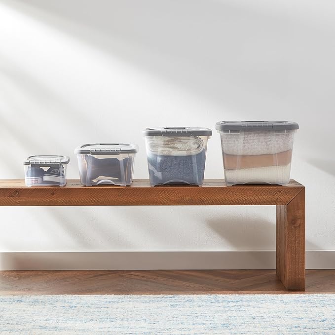 Amazon Basics Plastic Storage Containers with Secure Latching Lids, Stackable Organization Bins, Clear/Grey, 19 Quart, Set of 6