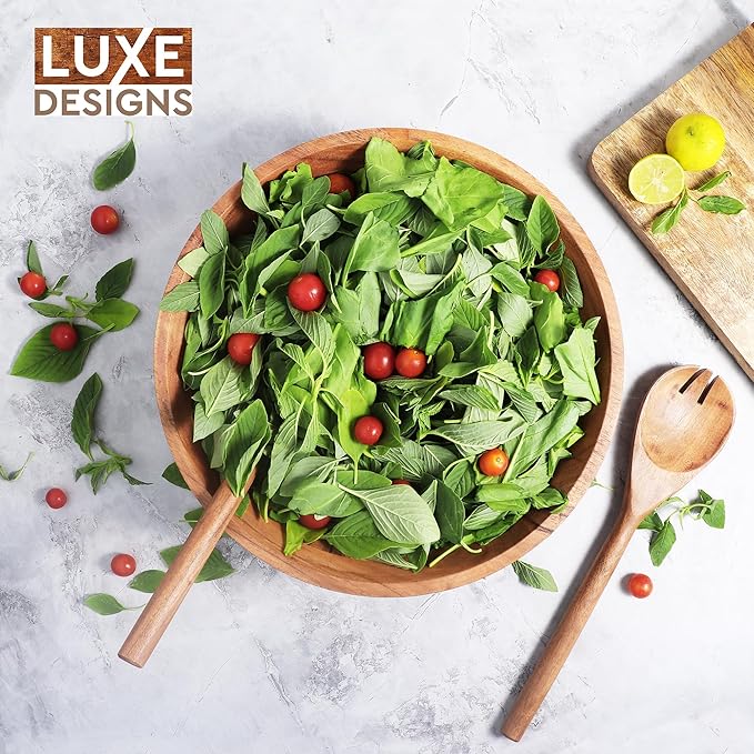 Luxe Designs Wooden Salad Bowl Set - Food Safe & Sustainable Decorative Bowl - Wood Bowl for Fruits, & Salads - Easy to Clean Large Salad Bowls Set w/Spoon, Fork – Wooden Bowls for Food (Natural)