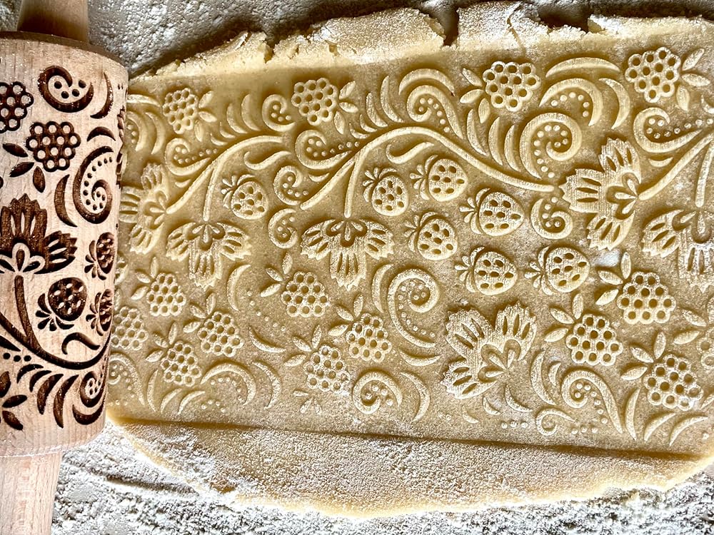 SEASONS 3 Mini Embossed Rolling Pin Set. Wooden Laser Cut Mini Rolling Pins for cookies or clay with spring flowers, tulips, daffodils, strawberries, raspberries, birch, trees by Algis Crafts