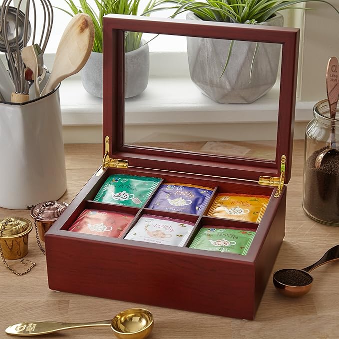 Tea Box - Luxury Wooden Tea Bag Organizer from The Apace Premier Collection - 6 Compartment Tea Storage Chest Container - Elegantly Handmade w/Scratch Resistant Window