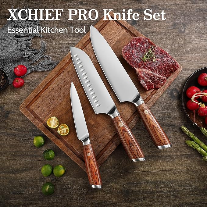 Kitchen Knife Set, 3 Pieces Japanese High Carbon Stainless Steel Chef Cooking Knife Set, Ultra Sharp Professional Chef Santoku Utility Knives (Silver)
