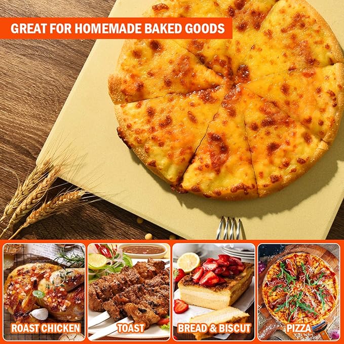 Pizza Stone Heavy Duty Ceramic Baking Stone for use in Oven & Gril - Thermal Shock Resistant, Ideal for Baking Pizza, Bread, Cookies, Rectangular Cooking Stone 15x12 Inch. (Bonus Free Scraper)