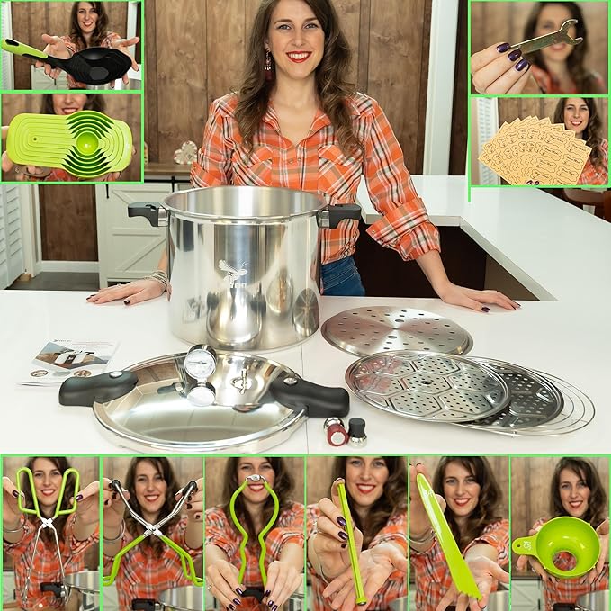 Supa Ant Pressure Canner 23 Qt with Canning Supplies Starter Kit - Canning Pressure Cooker with Gauge - Water Bath Canner Pot with Rack and Lid - Jar Lifter, XL Ladle, Jar Tongs, and Bubble Popper