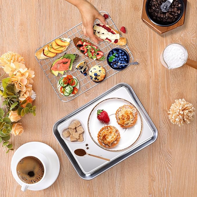 Toaster Oven Pan with Rack Set (2 Small Baking Sheets+2 Grill Racks), 9 x 7 Inch Stainless Steel Small Cookie Sheets Bacon Tray with Grid Cooling Racks for Baking Roasting Grilling, Dishwasher Safe