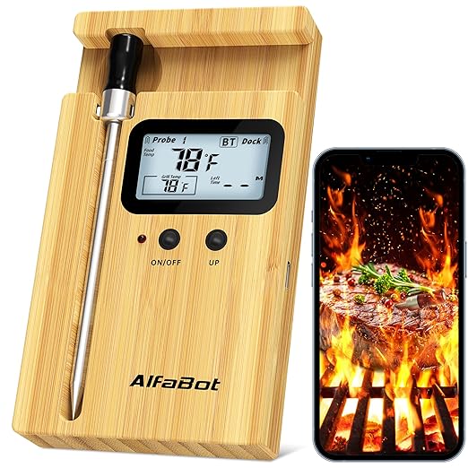 AlfaBot Wireless Meat Thermometer, Bluetooth Meat Thermometer for Turkey Beef Lamb, Digital Food Thermometer for Remote Monitoring of BBQ Grill/Rotisserie/Smoker/Kitchen/Oven(Small)